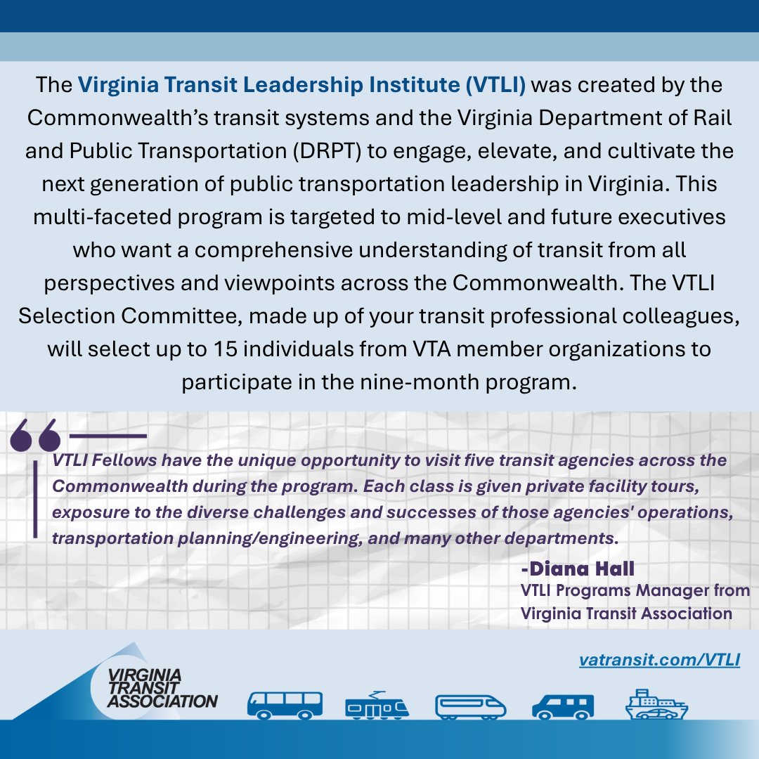 VaTransitAssoc's tweet photo. If you haven't applied yet for Class IV of the VA Transit Leadership Institute Program (#VTLI), the deadline is coming up quick! You have until 5pm on this Thursday, April 30th to submit your application. Don't miss out!

To learn more &amp; to apply, visit ➡️ https://t.co/i1H1STN5kO https://t.co/wR0uluZKPQ