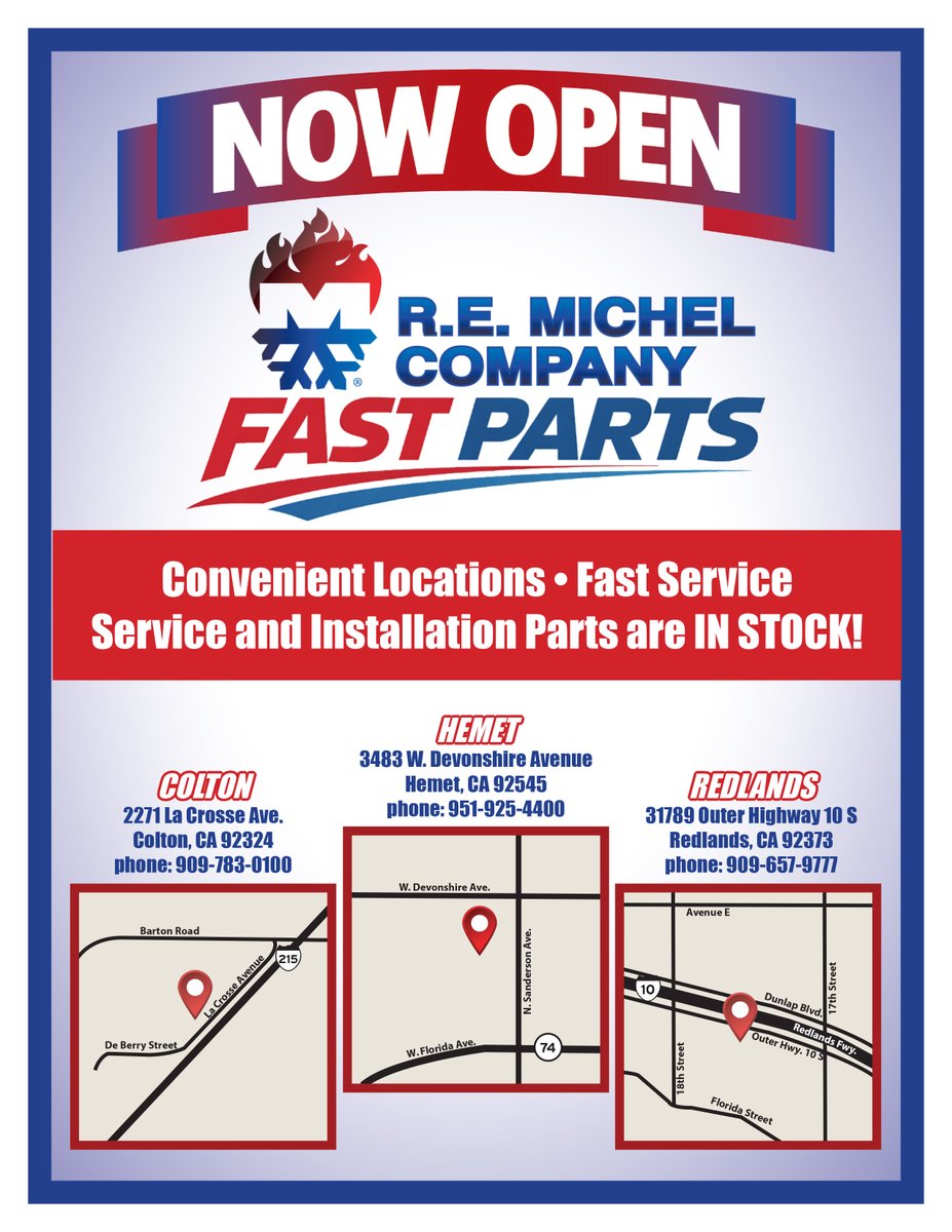 remichel_hvac's tweet image. ⚡ Fast Parts. Fast Service. Now Open.

Skip the delays and get back to the job quicker with in-stock installation parts at our newest locations.

📍 Colton | Hemet | Redlands, CA

#HVACR #PartsOnHand #Efficiency #REMichel #Contractors