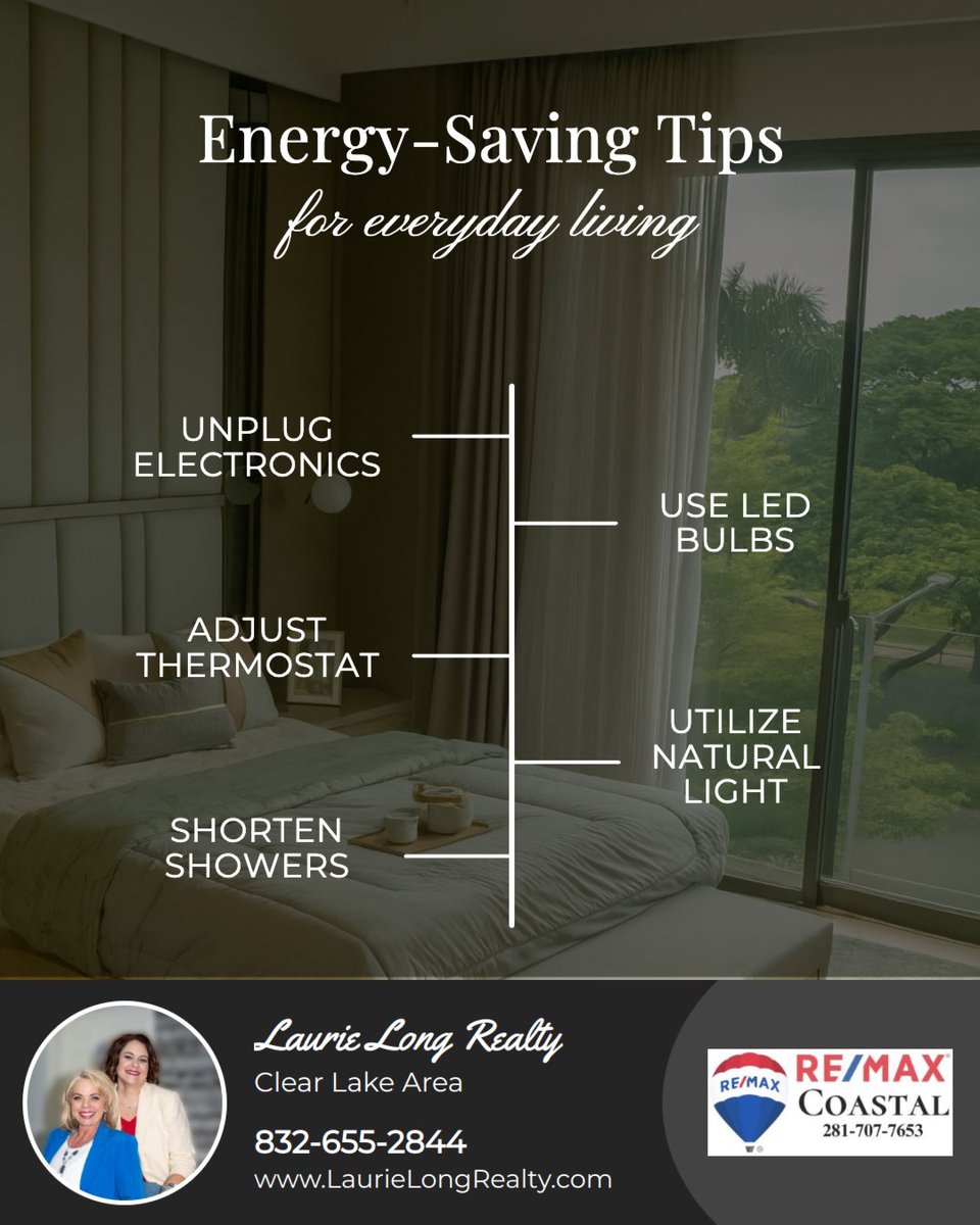 listwithlaurie's tweet image. Save energy (and money) with simple habits: unplug unused devices, switch to LED bulbs, adjust your thermostat, take shorter showers, and use natural light. Small changes add up! 💡Follow us for more helpful tips!

#EnergySavings #Home #SmartLiving #LaurieLongRealty #RemaxCoastal
