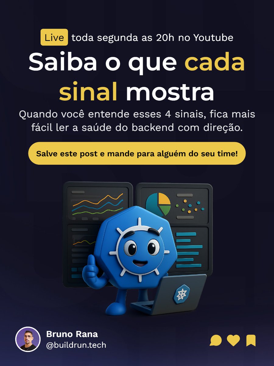 buildruntech's tweet photo. Você pode até fazer uma leitura em conjunto, tipo assim:

- latency sobe + traffic sobe = pico de carga
- latency sobe + errors sobem = degradação com falha
- latency sobe + saturation sobe = gargalo de recurso
- traffic normal + errors sobem = quebra mais localizada https://t.co/v9A2WEwfz1