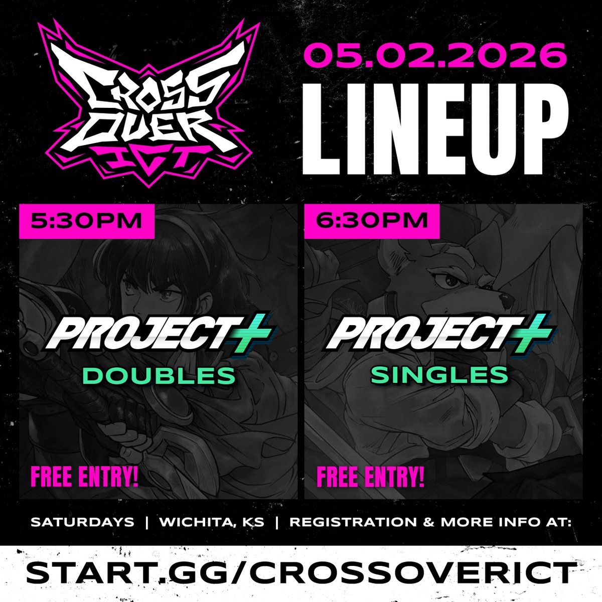 WichitaMelee's tweet photo. THIS WEEK AT CROSSOVER ICT #142:

Oops! All Project+
- P+ Doubles @ 5:30pm
- P+ Singles @ 6:30pm
- Both free entry!

There are no @Wichita_FGC brackets this week with organizers/players traveling to Super Bit Wars in Oklahoma!

Register using the link in the reply!👇 https://t.co/Rp9tf2wtsg