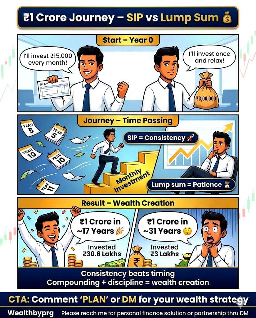 WealthByPRG's tweet photo. 💰 SIP vs Lump Sum

₹15K/month → ₹1 Cr in ~17 yrs
₹3L one-time → ₹1 Cr in ~31 yrs

💡 Wealth isn’t about starting big…
It’s about staying consistent.

🎯 Smart strategy: SIP + deploy lumpsum in dips

DM to build your portfolio

#WealthCreation #InvestSmart #SIP https://t.co/qonVBduVnf