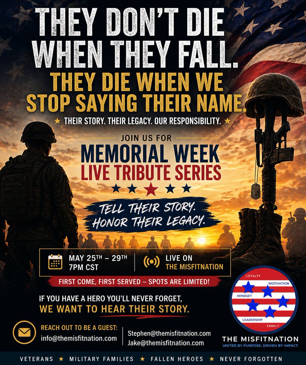 RichLaMonica's tweet image. Heroes are forgotten only when their stories stop being told.

This Memorial Week we’re giving families &amp;amp; veterans a LIVE platform to honor those no longer with us.

🎙️ May 25–29 | 7PM CST
Say their name. Tell their story.

📩 info@themisfitnation.com

#MemorialDay #Veterans