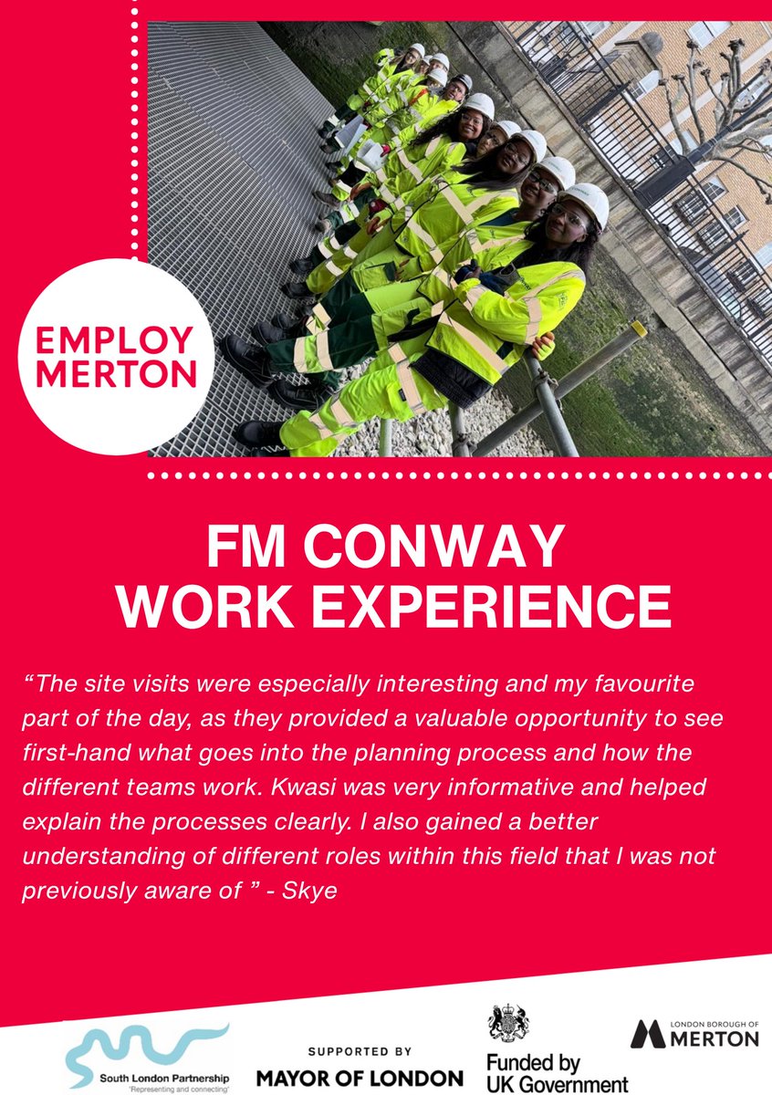 EmployMerton's tweet photo. Direct feedback from one of our residents who joined @FMConwayltd  on a work exprience placement 😊👷‍♀️

Work experience is so important.
It's a great way to learn more about an industry, meet new people and develop skills all while helping you to think about your future career! https://t.co/oA8vkkwbDL