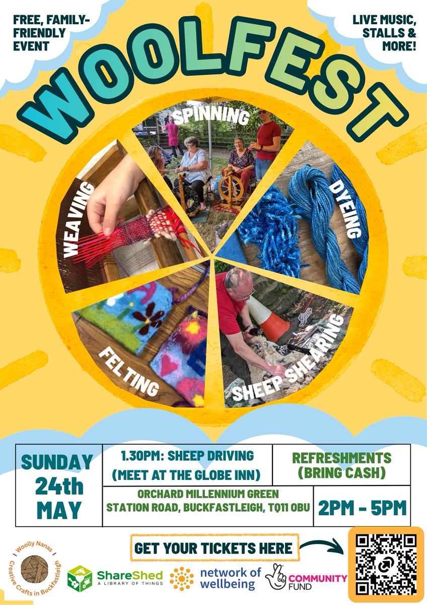NetwrkWellbeing's tweet image. 🐑 WoolFest Buckfastleigh is coming! Sun 25th May | 2-5pm | The Orchard Millennium Green

Free &amp;amp; family-friendly - spinning, weaving, felting, sheep shearing, live music, talks &amp;amp; more.

Register for your free ticket → buff.ly/Vbooek9

#WoolFest #Devon #CommunityEvent
