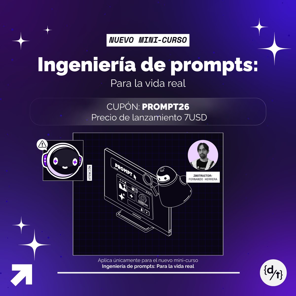 DevTalles's tweet image. 🥳¡Gran PRIMICIA en DevTalles!

🆕¡Completo el NUEVO curso #Ingeniería de #Prompts para la vida real!

🤖¡Aprende a mejorar tu Prompt Engineering, de forma simple y práctica! Accede YA por US$7 con cupón de #Descuento PROMPT26 por lanzamiento exclusivo en:
cursos.devtalles.com/courses/Ingeni…