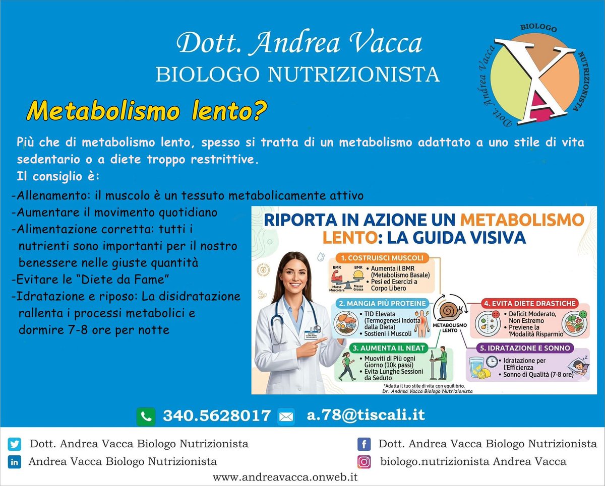 dott_vacca's tweet image. 👉 Metabolismo lento?
Più che di metabolismo lento, spesso si tratta di un metabolismo adattato a uno stile di vita sedentario o a diete troppo restrittive.

#metabolismolento #dieta #nutrizionista