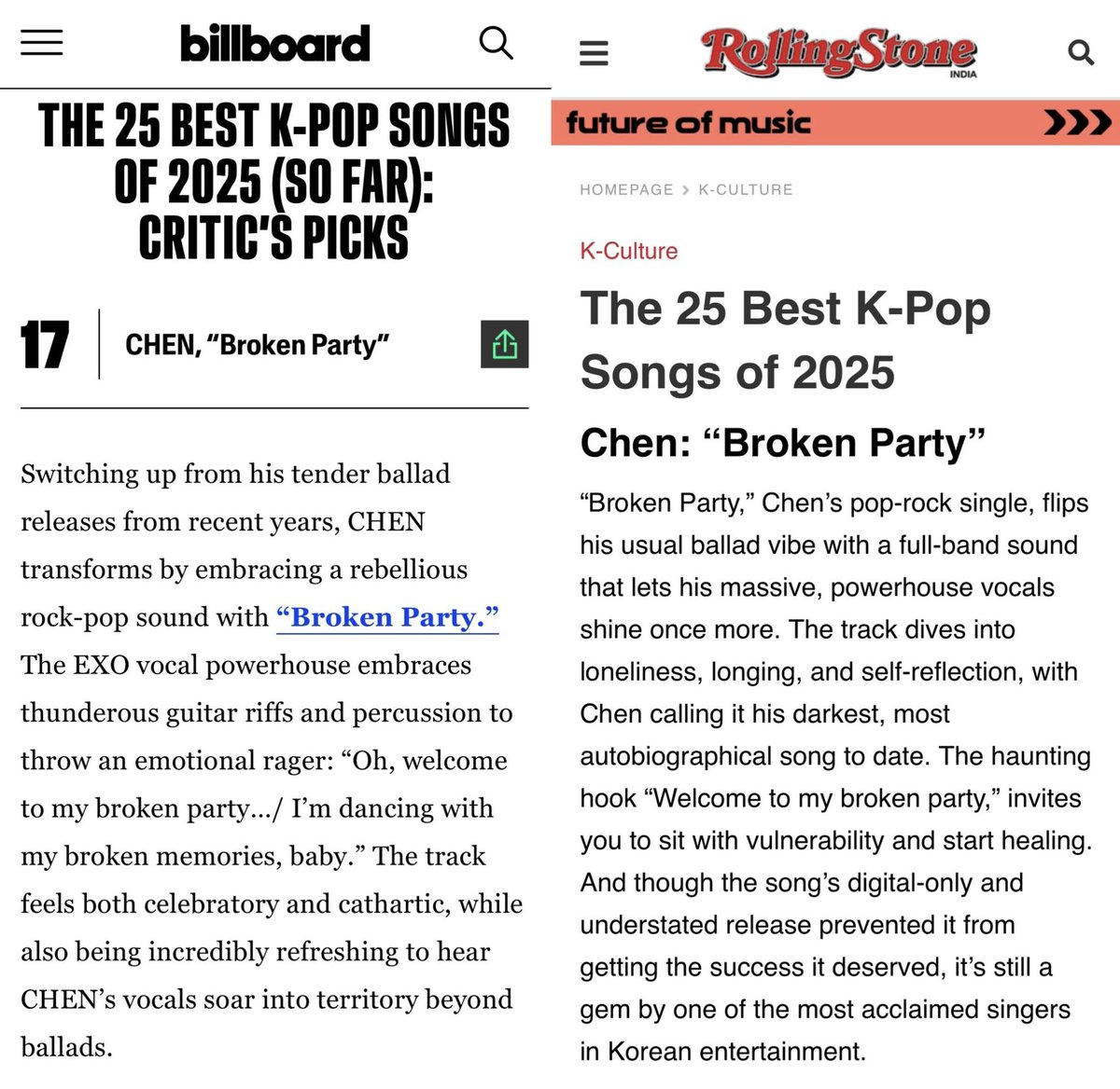 Happy 1 year anniversary to 'Broken Party' a track Jongdae created for his own artistic satisfaction that ultimately garnered critical acclaim from both Billboard and Rolling Stones India (one of the best kpop songs of 2025)✨👑

HAPPY 1 YEAR #BROKENPARTY 💔🎊
#김종대 #첸 #CHEN