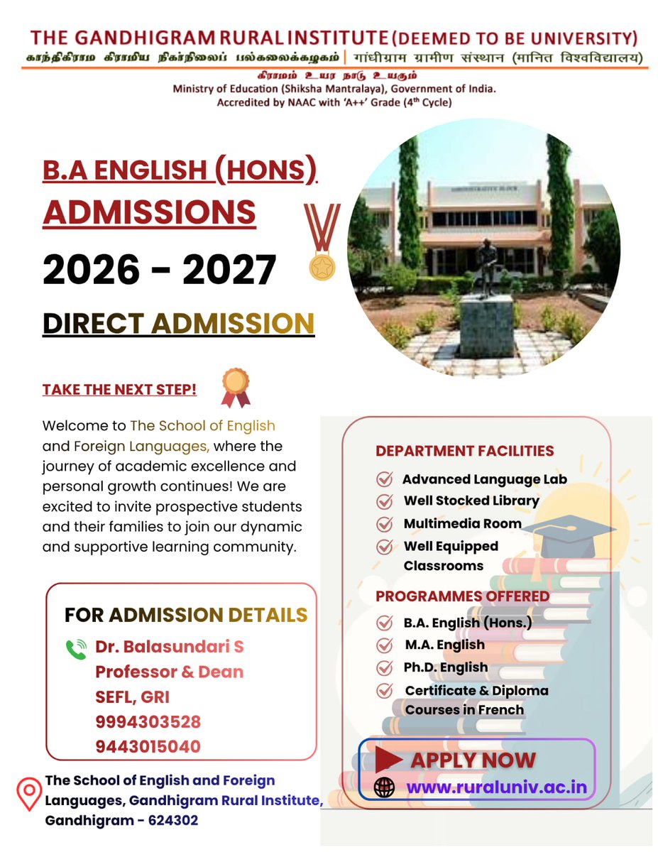 gridtbu's tweet image. Admission open for 
B.A. English (Hons)

Apply now
🔗 ruraluniv.ac.in

#GRI #Admission2026 #BAEnglish #GandhigramUniversity #Gandhigram