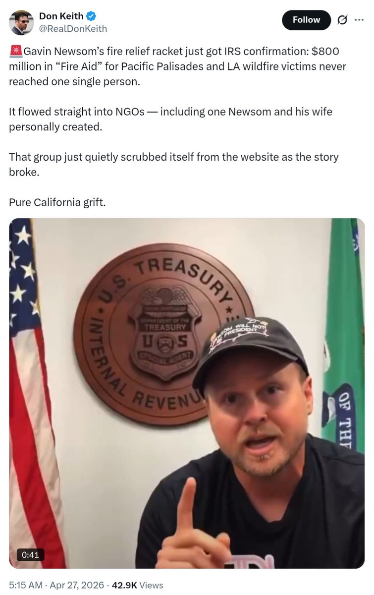 justspaceonline's tweet photo. @RealDonKeith "Newsom’s fire relief racket just got IRS confirmation: $800 million in “Fire Aid” for Palisades and LA wildfire victims never reached a single person.  It flowed straight into NGOs- incl one Newsom and his wife created"

https://t.co/SEoqt5UXGq

⌛️
#pratt
https://t.co/9MiMC74REO https://t.co/SraCDKGPiT