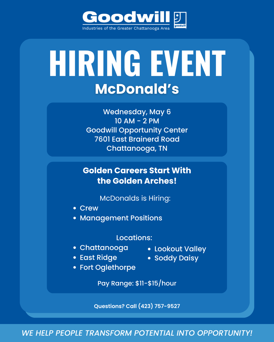 GoodwillChatt's tweet photo. Join us for a hiring event with McDonald's at our Opportunity Center in East Brainerd! #GoodwillChatt https://t.co/ji3DaLvKCl