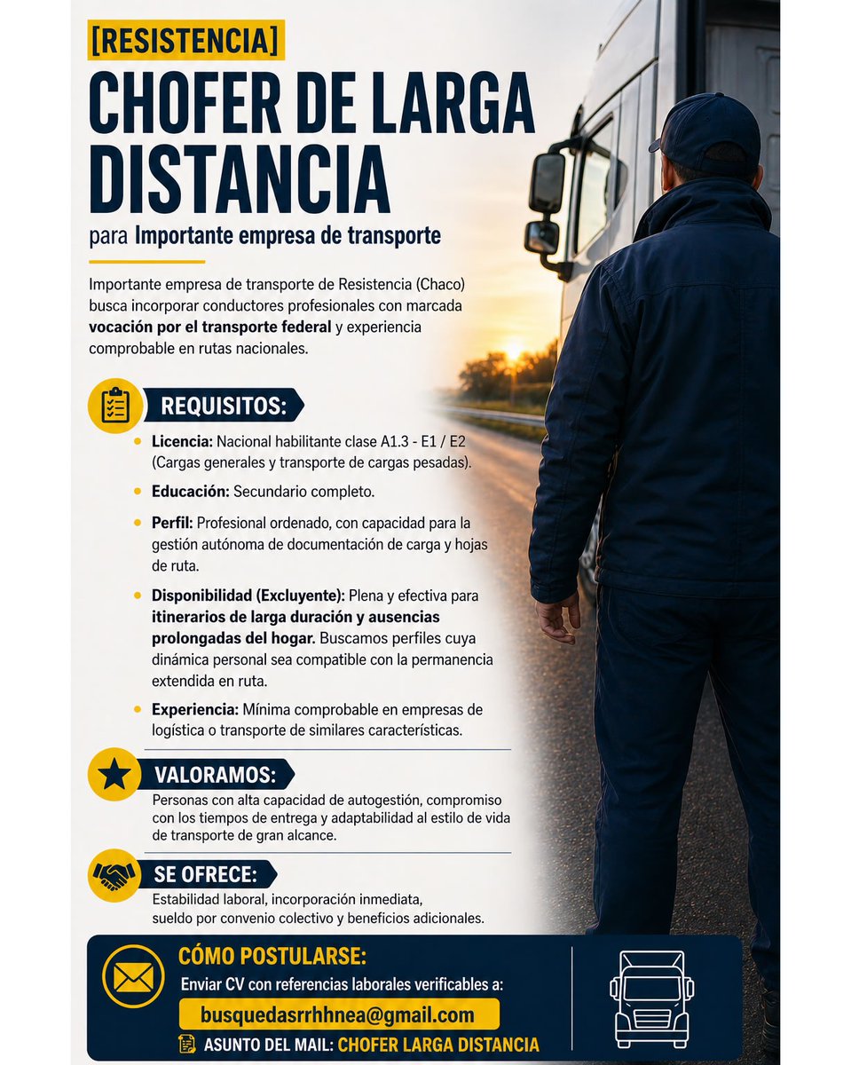 tneaar's tweet image. ⚫🔵 #Resistencia] Importante empresa de transporte busca #CHOFER DE #LARGA #DISTANCIA

👉Enviar CV con referencias laborales verificables a: 📧busquedasrrhhnea@gmail.com indicando en el asunto del mail: CHOFER LARGA DISTANCIA

#TNEA #Chaco #empleoar #trabajoar