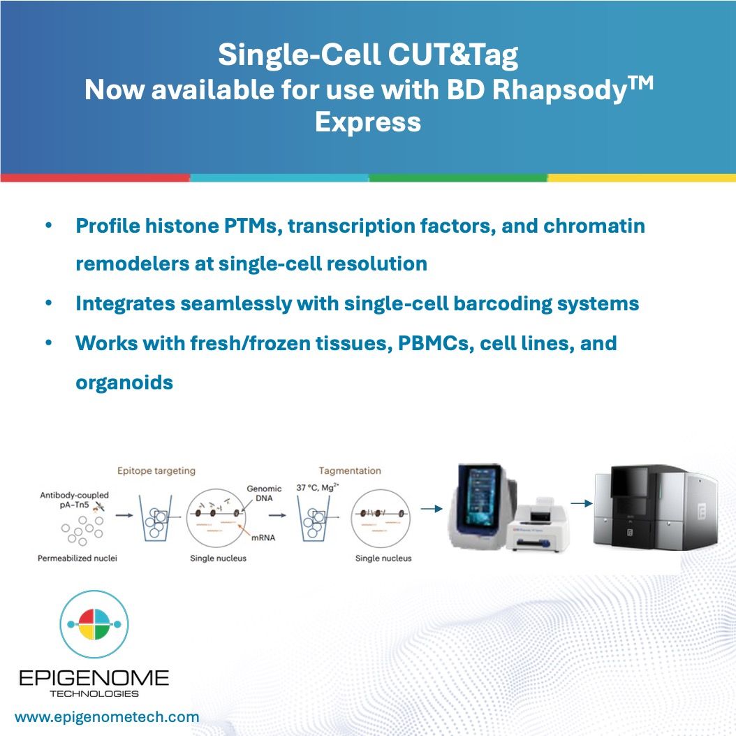 EpigenomeTech's tweet photo. Our expansion of single-cell epigenetics assays continues!

The Epigenome Technologies scCUT&amp;Tag assay is now compatible with BD Rhapsody

Learn more here: https://t.co/Kb0yqw9e8y

#Epigenetics #BDrhapsody #CUTandTag #Chromatin #Multiomics #Singlecell #CUTandRUN #ChIPseq #ATACseq https://t.co/QO4RFCrFt6