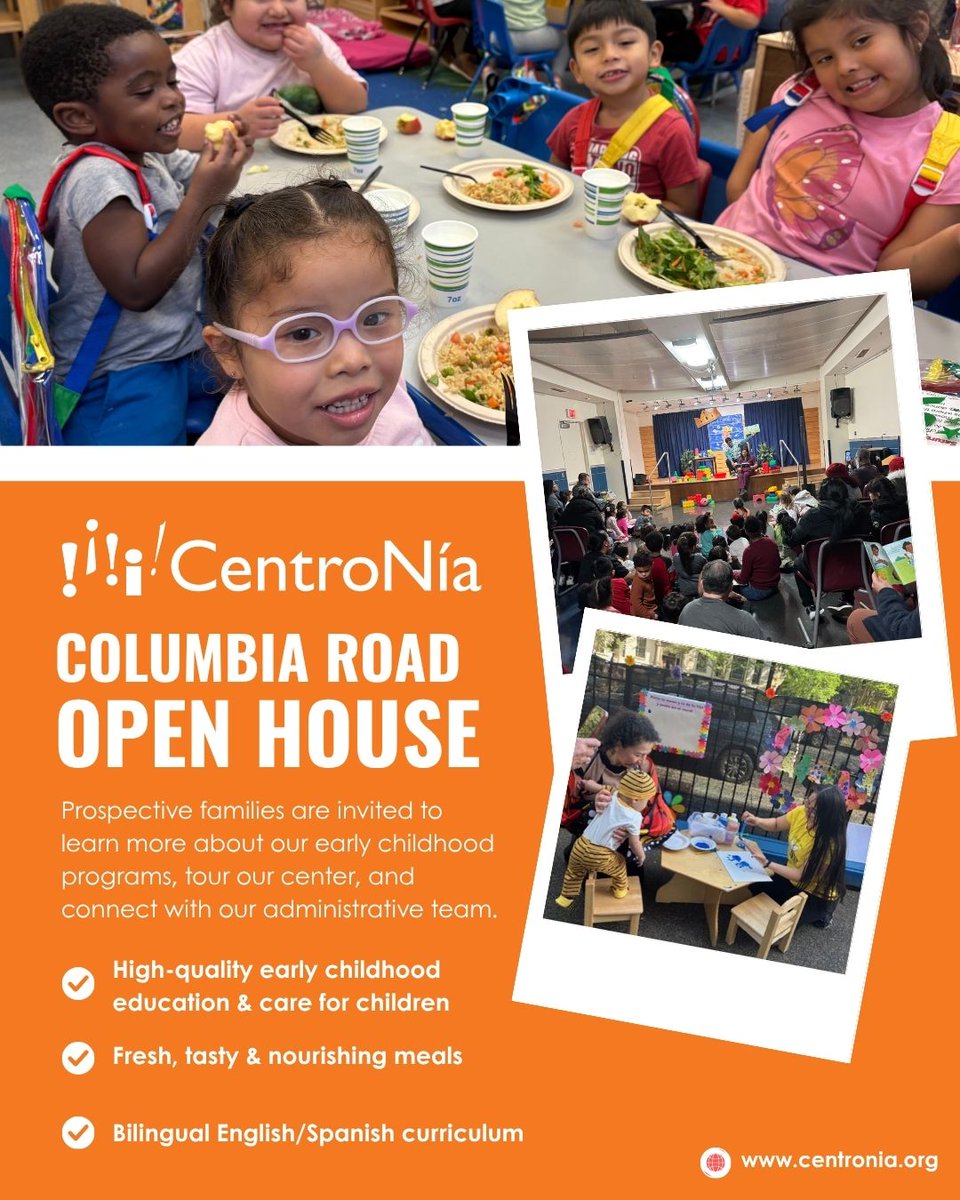 CentroNia's tweet image. Join us for our Columbia Rd #OpenHouse! 🎉

We’re excited to welcome prospective families to explore our #earlychildhood programs, tour our center, and connect with our dedicated team.

🔗bit.ly/CNEventbrite

#Bilingual #centronia #childcare #prek #multicultural #ece