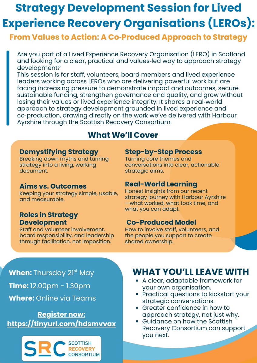 SRConsortium's tweet image. From values to action: co-producing strategy true to lived experience. Join us Thu 21 May, 12-1:30pm online. Register: tinyurl.com/hdsmvvax #LivedExperienceLeadership #CoProduction #RecoveryOrientedSystems #SystemChange #LEROs