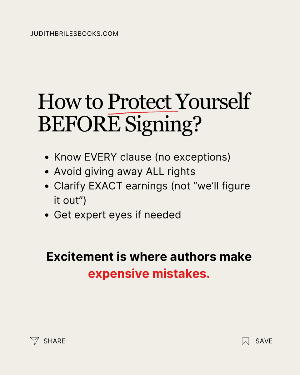 JudithBriles's tweet image. Most authors don’t read contracts—then lose control.
Rights. Royalties. Ownership.
Protect yourself before you sign.

Avoid costly mistakes: bit.ly/BlundersBook
#authors #selfpublishing #writingcommunity #amwriting #bookpublishing