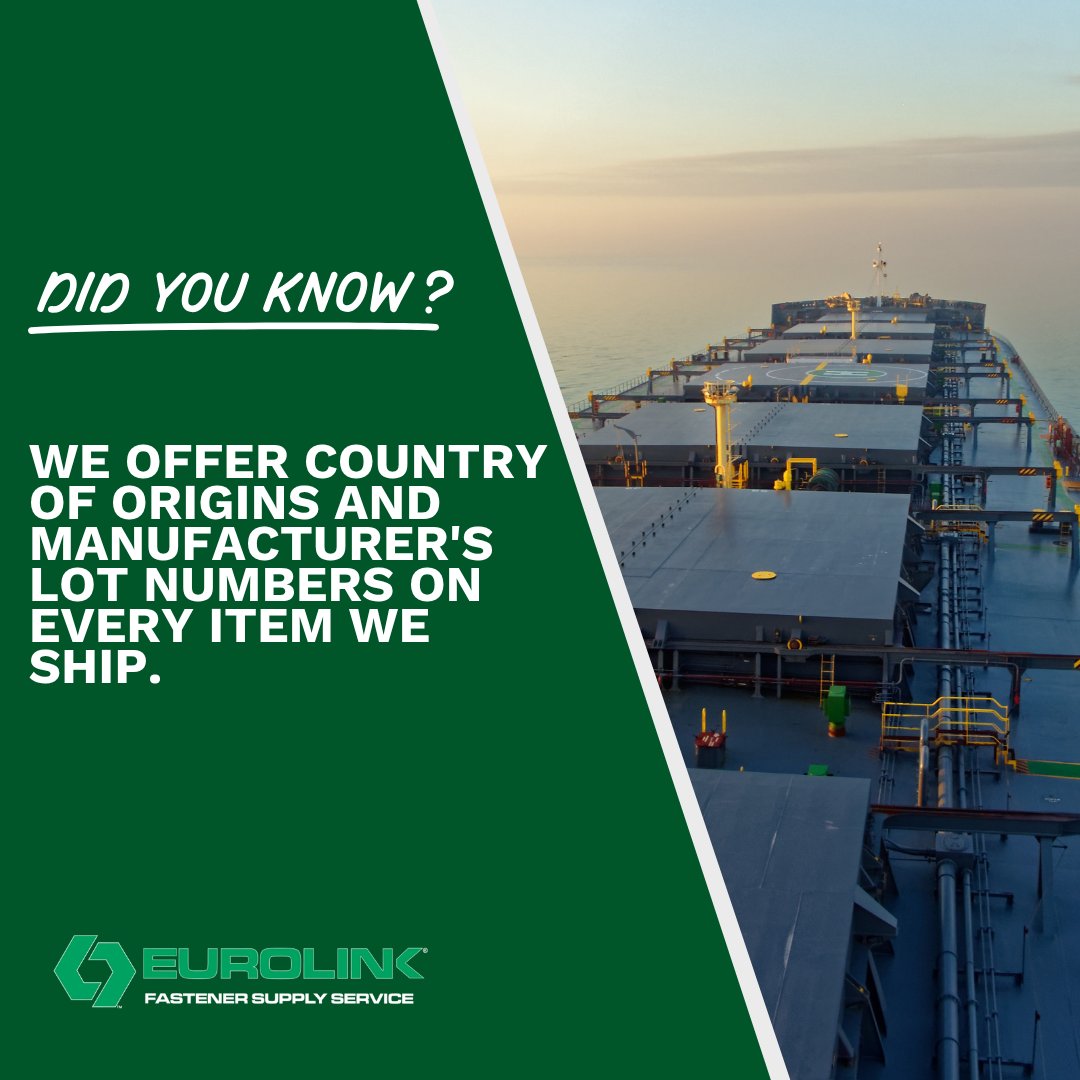 EurolinkFSS's tweet image. Q: Ever wonder how customers know the origin of a shipment? 🤔

A: We provide country of origin and manufacturer’s lot numbers on every item we ship. 🙌

Check out more FAQs here: hubs.la/Q04bw2K70 

#whatareyouinsearchof #fastener #thinkeurolink