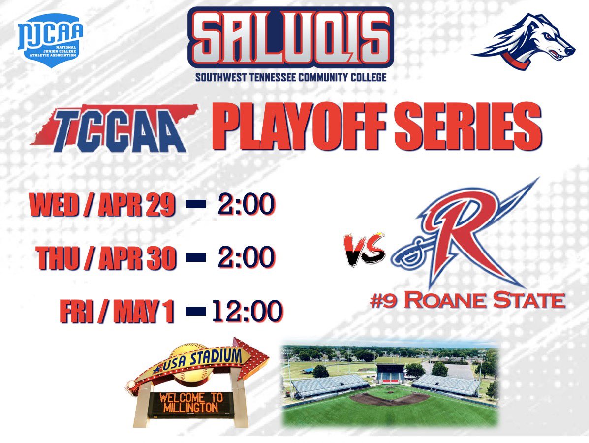 𝐏𝐋𝐀𝐘𝐎𝐅𝐅 𝐒𝐄𝐀𝐒𝐎𝐍

Saluqis are set to host <a href="/RSCCBaseball/">Roane State Baseball</a> in a 3 game series at <a href="/USAStadium/">USA Stadium</a> for the first round of the TCCAA Postseason!

Wed. / April 29 - 2:00
Thu. / April 30 - 2:00
Fri. / May 1 - 12:00

Livestream for all games:
Sporfie.com/usastadium

#SaluqiPride