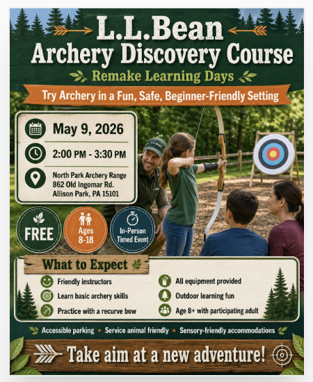 annavblake's tweet photo. I'm PUMPED for this hands-on Remake Learning Day Archery Course. Look for me there on May 9th from 2PM - 3:30PM. Students ages 8–18 can try archery in a fun, safe, beginner-friendly setting. All equipment is provided. #RemakeDaysSWPA #RemakeDays @RemakeDays https://t.co/7RiyQLsSWE
