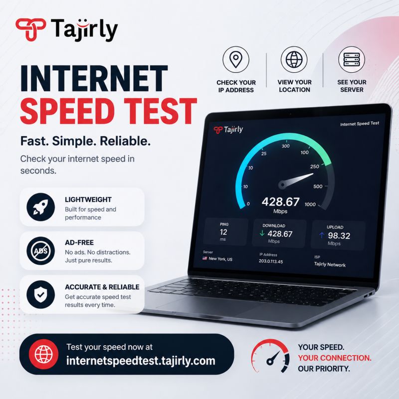 Tajirly's tweet photo. Most internet speed test sites are ironically slow.

So we built one that’s:
⚡ Lightweight
🚫 Ad-free
🌍 Shows IP, location &amp; server

Try it. No clutter. Just results.

#Tajir #InternetSpeedTest #Tajirly #SpeedTest https://t.co/M58Zx8OtKl