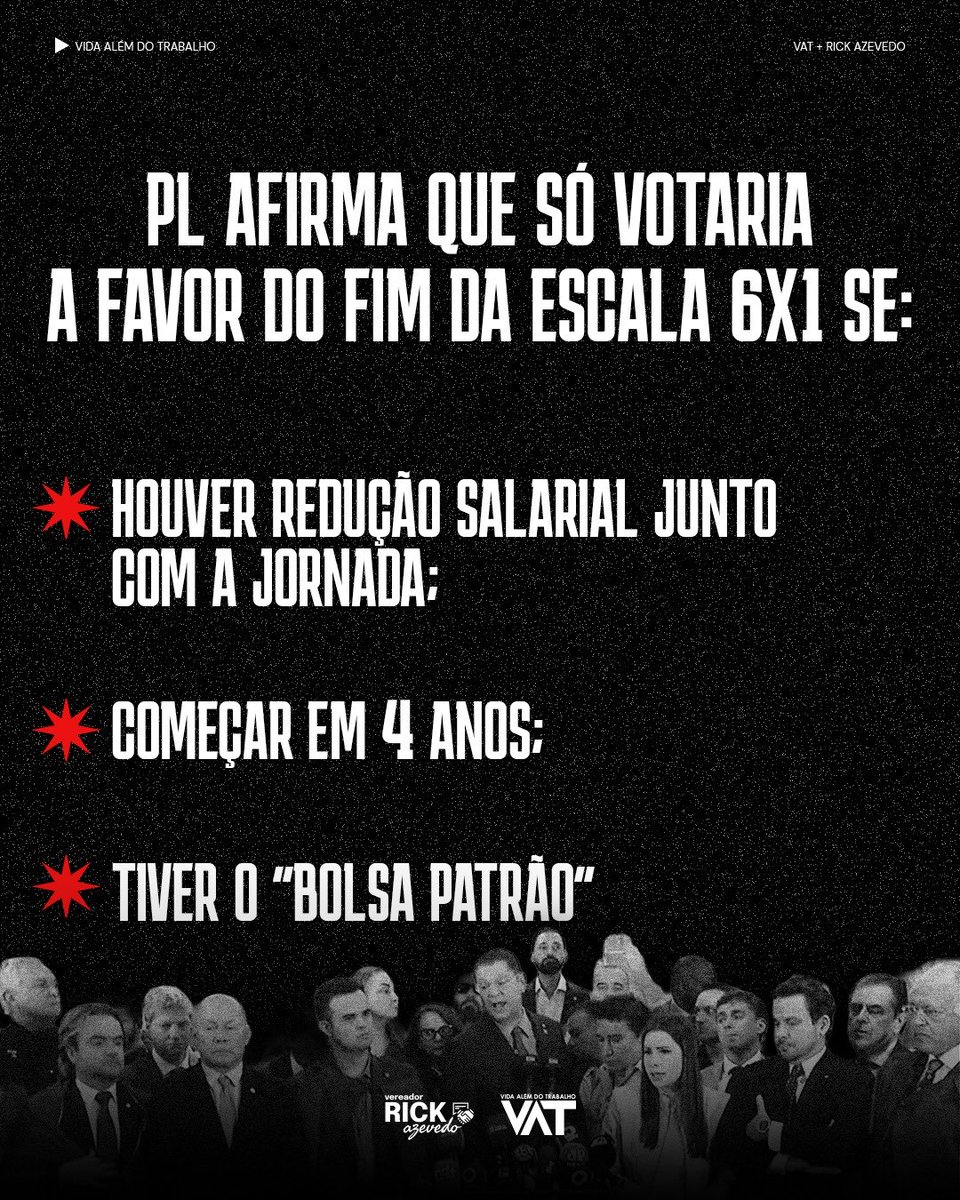 rickazzevedo's tweet photo. DESENHANDO O GOLPE!
O PL, partido de figuras como Flávio Bolsonaro, Nikolas Ferreira e Sóstenes Cavalcante, tem sido o maior articulador contra o fim da escala 6x1 no Congresso. Se depender deles, a proposta só avança com uma série de adendos que SÓ PREJUDICAM O TRABALHADOR. https://t.co/74hdjaP9q3
