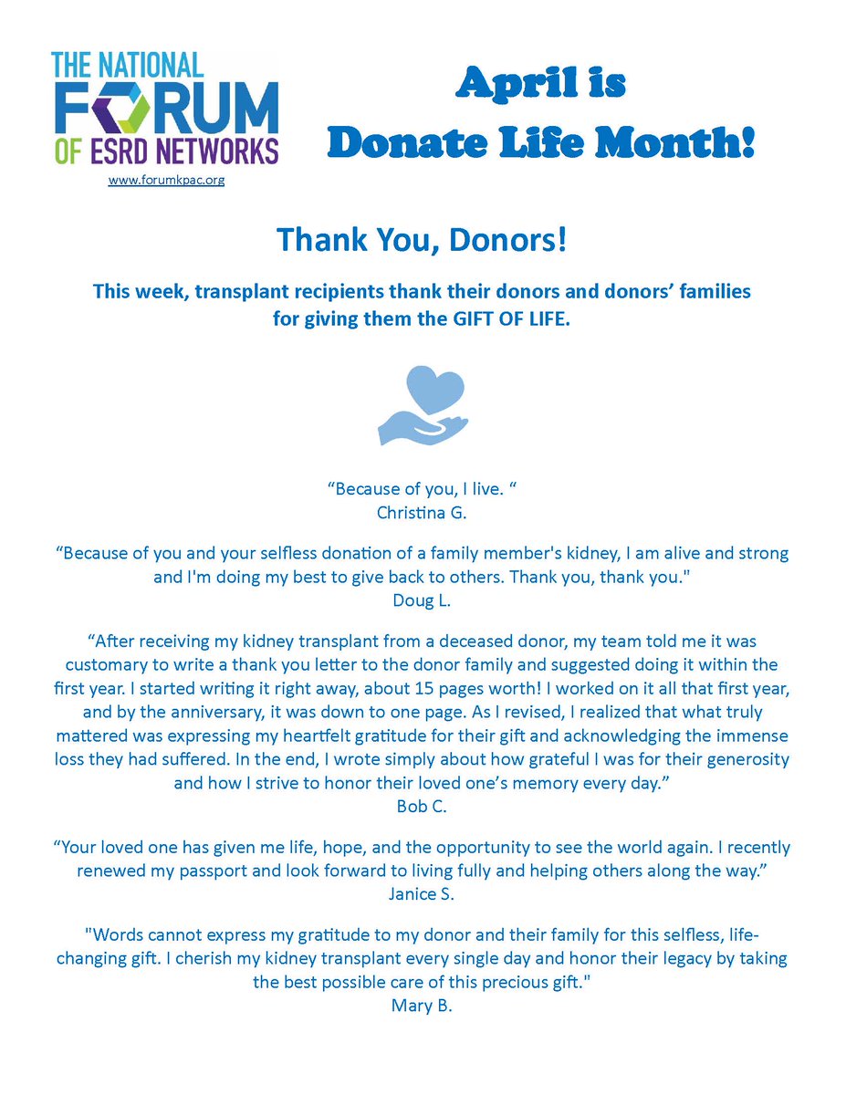 ESRDNetworks's tweet photo. It's Week 5 of #DonateLifeMonth! This week, KPAC members share their gratitude for the gift of life. Download this and other flyers at https://t.co/R7Ha5Xu5sC. https://t.co/qVUvvNtPlq