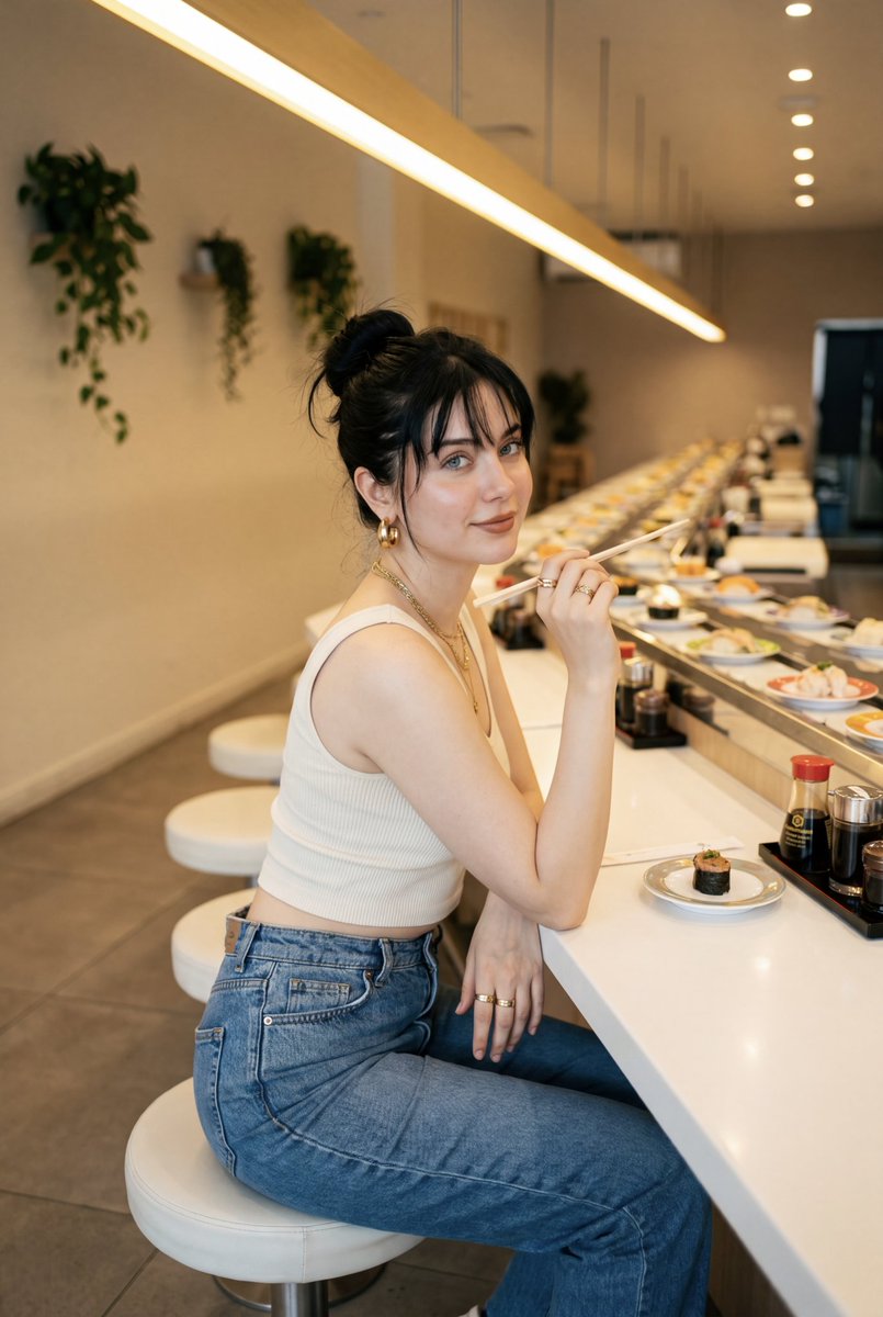 ariaxawan's tweet photo. Google Gemini Nano Banana Pro 

Prompt:
A young woman sitting at a long conveyor belt sushi restaurant, captured from a side angle that clearly showcases the extended sushi conveyor belt, counter seating, and the full depth of the interior. She's looking straight to the camera with playful expression while holding a chopstick. She has long wavy hair styled in a messy bun with soft loose strands and thin wispy bangs framing her forehead. Her skin is fair porcelain with a smooth glass-skin finish. She wears natural makeup with softly defined features and nude brown lips with a satin finish.
Outfit: an ivory ribbed crop tank top paired with high-waist blue jeans.
Accessories: chunky gold hoop earings, layered chunky gold necklaces and several gold rings.
Environment: a minimalist, modern sushi restaurant with a very long, narrow layout. A continuous white counter stretches across the frame with a conveyor belt carrying sushi plates. In front of the counter are evenly spaced round white stools without backrests. The counter surface includes condiment bottles, chopstick holders, menus, and small containers placed in an organized manner.
Lighting & atmosphere: warm, soft yellow ambient lighting creates a cozy and slightly dreamy tone. A long horizontal light fixture runs above the counter, casting even illumination. The ceiling is curved with recessed air conditioning units and subtle architectural lines. The walls are smooth and clean in beige/cream tones, enhancing the warm aesthetic. Toward the far end, the space narrows into a softly lit corridor perspective, adding depth. On the upper right side, there are small green plants hanging or placed along the wall, adding a subtle natural accent.
Composition: side profile shot of the woman sitting on one of the stools, slightly turned toward the conveyor belt, with her posture relaxed. The framing emphasizes depth and perspective, leading lines from the counter and ceiling guiding the eye toward the background. The conveyor belt, seating arrangement, and restaurant interior are all clearly visible and sharply detailed.
Camera style: analog-style photography look with soft grain and slight bloom from highlights, but still ultra sharp.
Quality: ultra HD, 4K, ultra detailed, ultra realistic.
Do not alter face.
