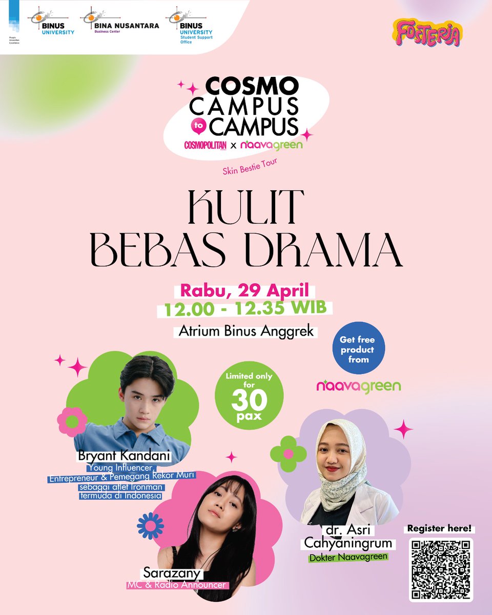 sascbinus's tweet photo. Hi Binusian! Yuk ikuti FOSTERIA Cosmo Campus to Campus: Naavagreen x Cosmopolitan: Skin Bestie Tour "Kulit Bebas Drama" pada Rabu, 29 April (12.00 – 12.35 WIB) di Atrium BINUS Anggrek. Daftarkan dirimu di https://t.co/HtTgpEWlvJ (hanya untuk 30 peserta). 

See you there, guys! https://t.co/LsHpeX4qvf