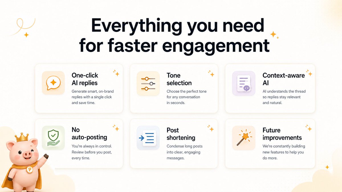pigly_app's tweet photo. Your Reply Box Finally Gets A Copilot. ✨

Pigly Reads The Post Context, Suggests Replies That Fit The Moment, And Lets You Pick The Tone Before You Use Them.

Faster Engagement, Still Fully Under Your Control. #Pigly #AItools #TwitterGrowth https://t.co/Rab848MwlR