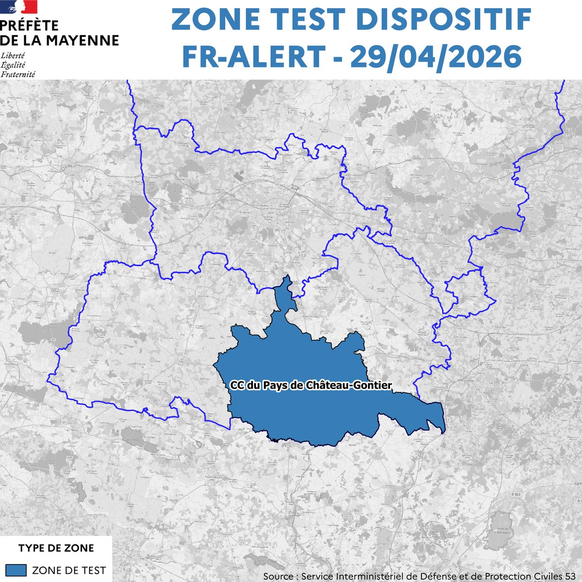 Prefet53's tweet photo. #FRAlert #SécuritéCivile #Test #Prévention

🚨 TEST DISPOSITIF FR-ALERT – 29 AVRIL 2026 🚨

📍 Une zone test FR-Alert sera activée sur le territoire de la Communauté de communes du Pays de Château-Gontier, de 1⃣5⃣h3⃣0⃣ à 1⃣6⃣h0⃣0⃣ (avec un possible débordement sur les communes limitrophes).

📱 Dans ce cadre, vous pourriez recevoir une notification d’alerte sur votre téléphone.

👉 Pas d’inquiétude :
Il s’agit d’un exercice visant à vérifier le bon fonctionnement du système d’alerte et à sensibiliser la population.

🔕 L’alerte sera silencieuse (sans son).
👉 Aucune action n’est attendue de votre part.

🎯 Objectifs :

✔ Tester la diffusion des alertes
✔ Vérifier la réception sur les téléphones
✔ Améliorer les dispositifs de sécurité civile

🙏 Merci de votre compréhension et de ne pas surcharger les services d’urgence.