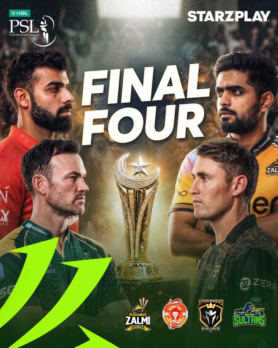 starzplaymasala's tweet image. The final four are locked in. The road to the HBL PSL 11 trophy now enters its most decisive stage 🏆🔥

Who will make it to the final? Drop your prediction in the comments 👇

#HBLPSL11 #FinalFour #RoadToFinal