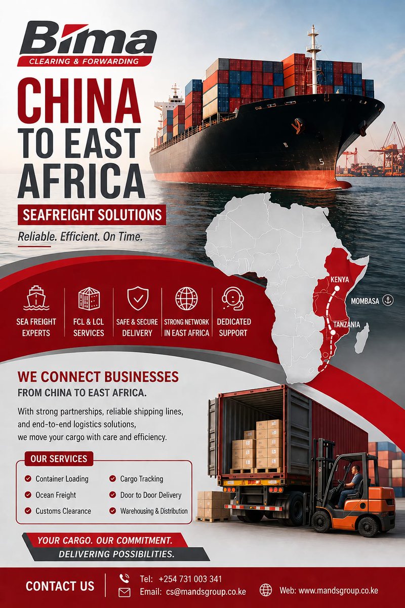 MandS_Group's tweet image. Shipping from China to East Africa?
We make it simple.
📷 Sea Freight (FCL &amp;amp; LCL)
📷 Door-to-Door Delivery
📷 Strong Regional Network
Partner with Bima Clearing &amp;amp; Forwarding.
📷 +254 731 003 341
📷 cs@mandsgroup.co.ke
#Logistics #FreightForwarding #EastAfrica #ChinaTrade