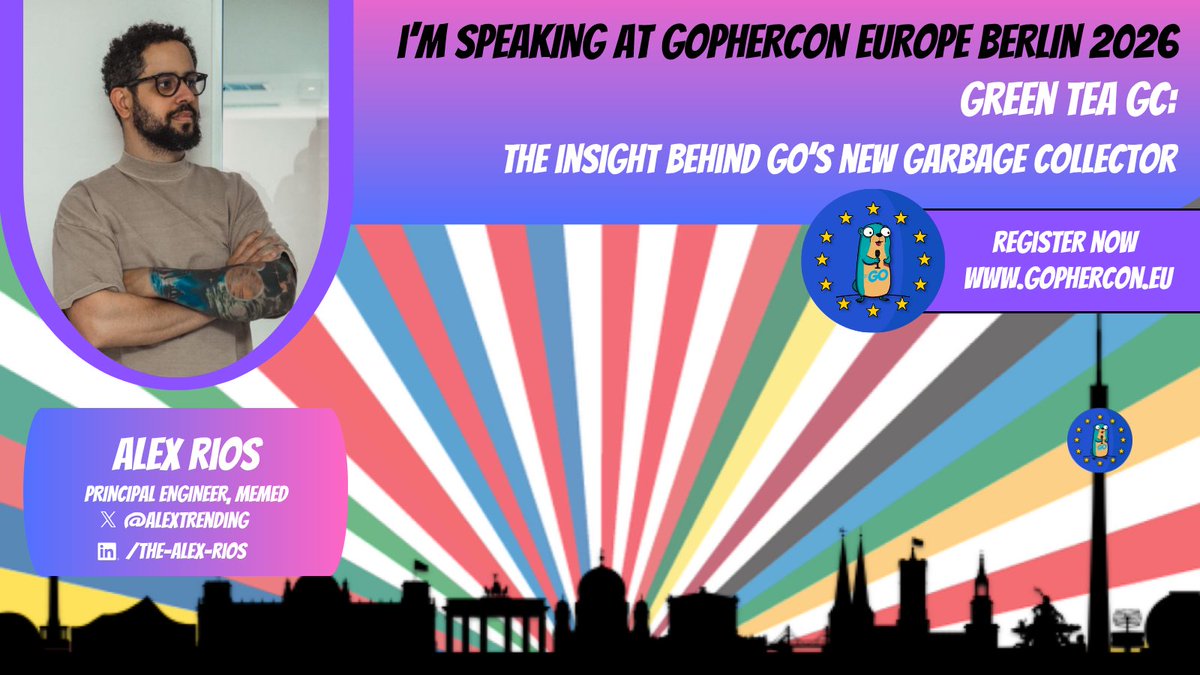 gopherconeu's tweet image. #gopherconEU Speaker Spotlight
#Golang 1.26's new Green Tea GC uses a cryptographic instruction for bitmap expansion. @alextrending read the runtime code to understand why and will walk through the real implementation: mark bits, span queues and the ownership protocol behind it.