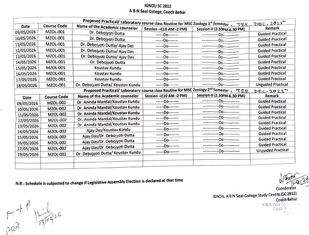 IGNOURCSILIGUR1's tweet photo. The schedule and the list of MSCZOO Practical Exam cum counselling of TEE December-2025 https://t.co/ROFfR1gcIY