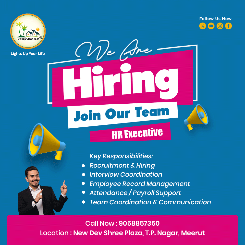 Dweep_CleanTech's tweet photo. 🚨 We Are Hiring – HR Executive 👩‍💼👨‍💼
Position: HR Executive
Location: Meerut
Experience: Fresher &amp; Experienced both can apply

📞 Apply Now: 9058857350
📍 Location: New Dev Shree Plaza, T.P. Nagar, Meerut

#Hiring #HRExecutive #JobsInMeerut #DCPLSolar https://t.co/NfEJ1zkc7k
