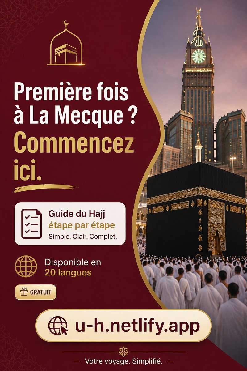 AlFahaid's tweet photo. Première fois au Hajj ?
Commencez ici.
Guide simple étape par étape
Disponible en 20 langues

🔗 https://t.co/JLrO7E01O0
#Hajj #Islam #Makkah https://t.co/sQa1oSE0XU