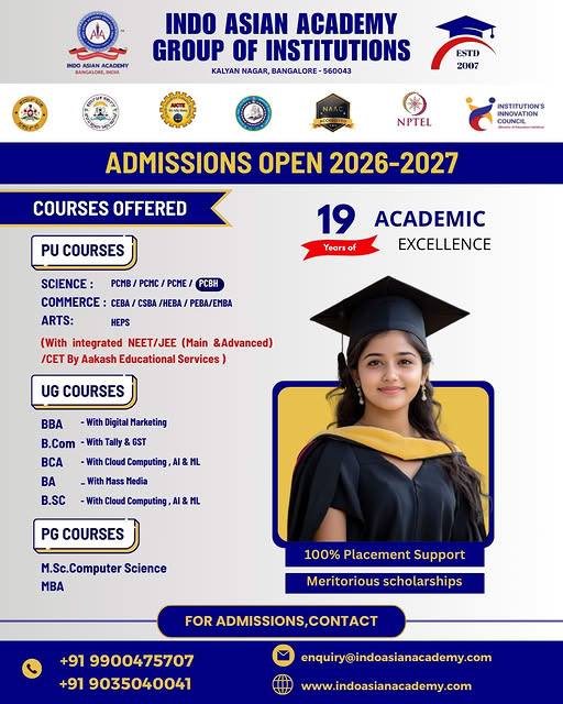 IndoAsianBng's tweet image. 🎓 Admissions Open 2026–2027
Indo Asian Academy, Bangalore
💯 Placement | 🏅 Scholarships
📞 +91 9900475707

#Admissions2026 #ApplyNow