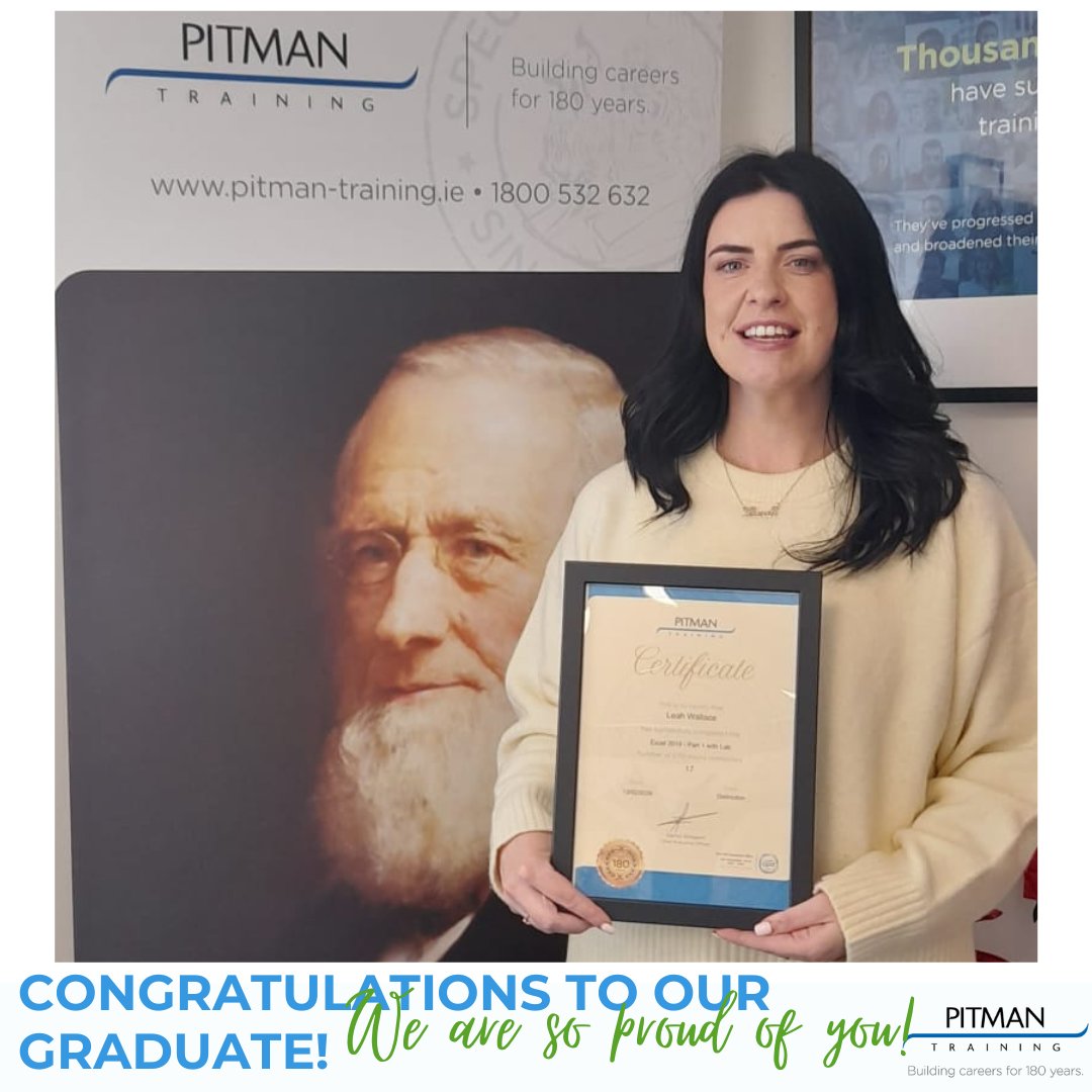 PitmanWaterford's tweet image. Congratulations to one of our most recent Graduates, Leah Wallace.
Leah completed Excel 2019 here with us and achieved great results!
We are super proud and wish you the best of luck in your future!
#PitmanTraining #Graduate