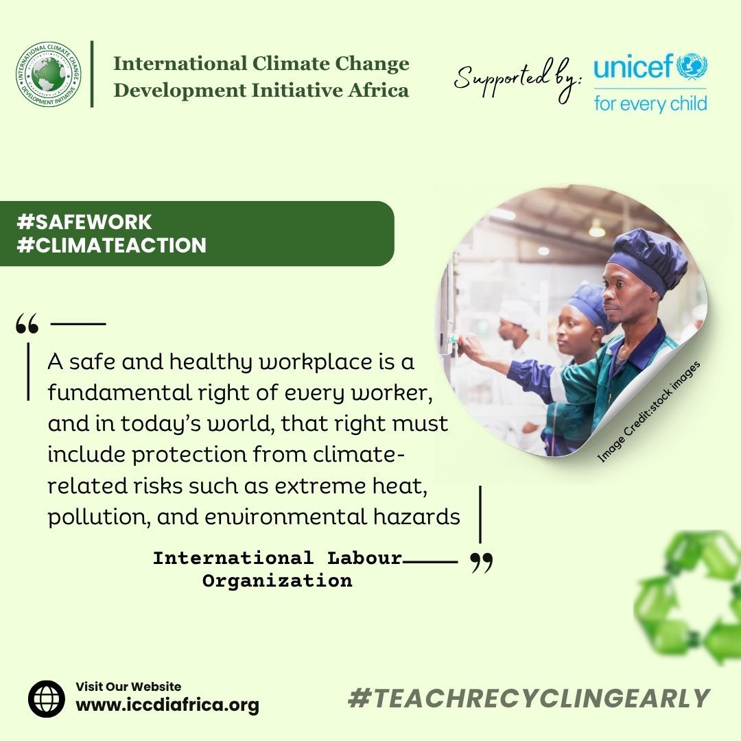 ClimateWed's tweet image. A safe and healthy workplace is a fundamental right of every worker, and in today’s world, that right must include protection from climate-related risks such as extreme heat, pollution, and environmental hazards. — International Labour Organization

#SafeWork #ClimateAction
