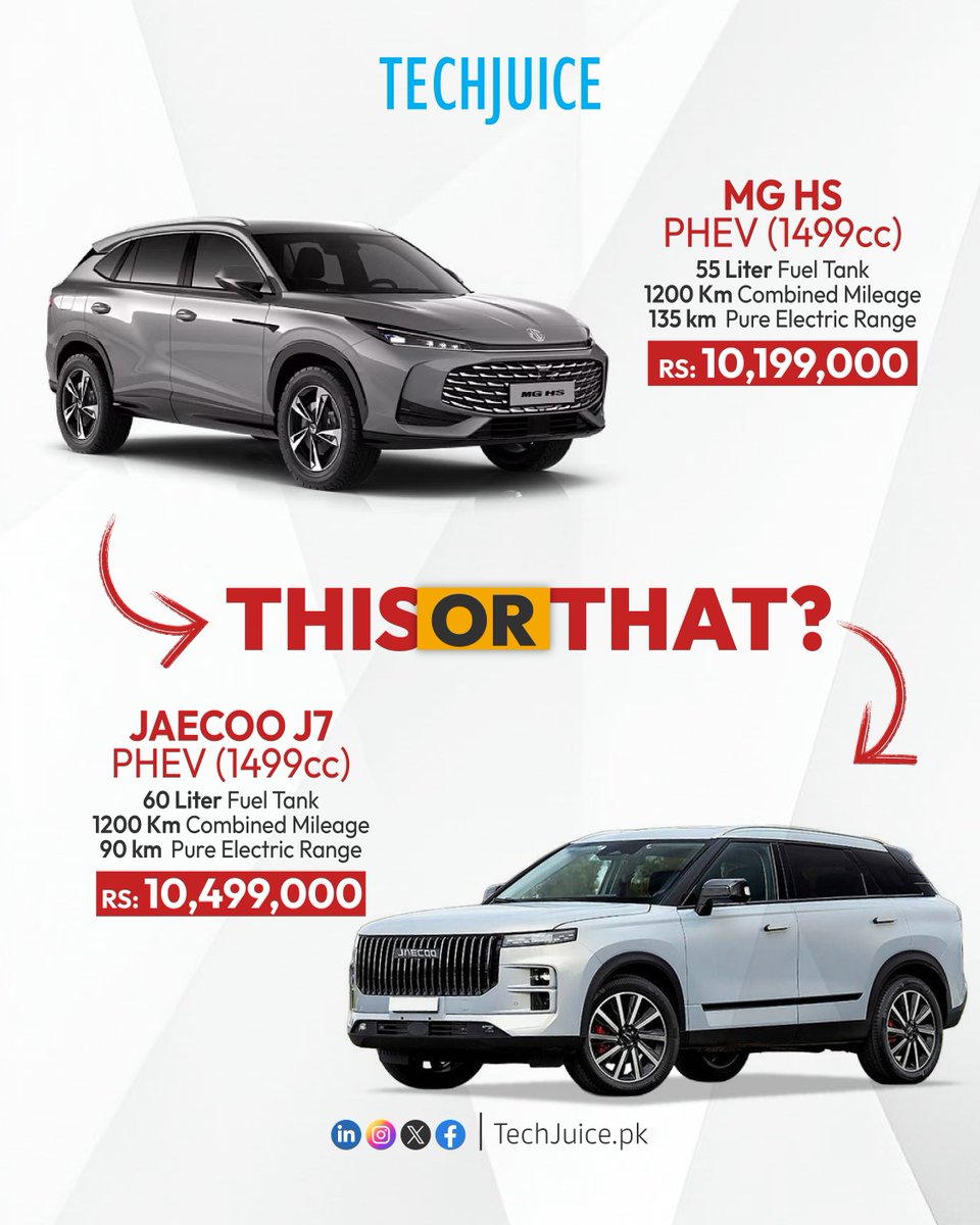 TechJuicePk's tweet image. MG HS PHEV vs Jaecoo J7 PHEV — which one are you choosing?
Both offer hybrid efficiency and strong mileage, but differ in price, electric range, and features. It all comes down to what suits your drive better.

#techjuice #cars #hybrid #ev #automotive