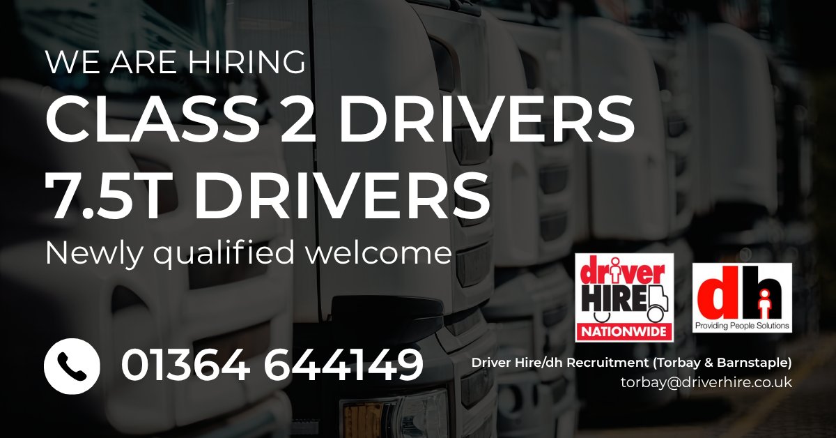 dhtorbay's tweet photo. HGV Class 2 and 7.5T drivers are needed in Newton Abbot.

Full-time, ongoing, or ad-hoc work available to suit you.

Call Driver Hire/dh Recruitment (Torbay &amp; Barnstaple) on 01364 644149.

#southdevonjobs #devonjobs https://t.co/E8Rn94trGN