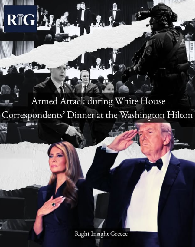 RightInsightGr's tweet photo. There has been an armed attack during the White House Correspondents' dinner at the Washington Hilton. One is in custody- Trump and JD Vance are seen evacuating 
#shooting #Whitehouse #correspondentsdinner #trump #vance #US https://t.co/MCy3KI1rhi