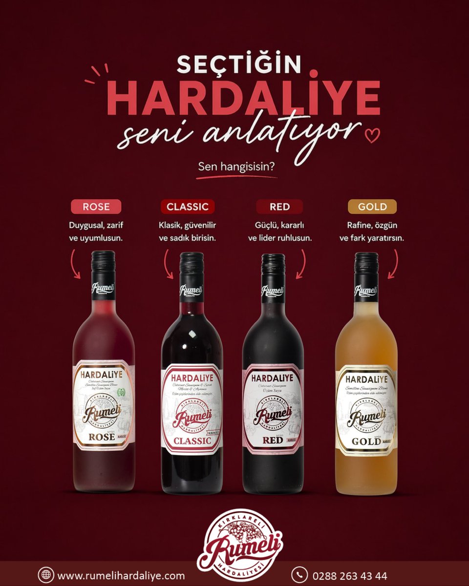 Bir yudumda kendini bulmaya hazır mısın?

🌹 Rose
Duyguların derin, zarafetin fark edilir.

🍷 Classic
Güven veren, sadık ve zamansızsın.

🔥 Red
Kararlı, güçlü ve doğuştan lidersin.

✨ Gold
Fark yaratan, rafine ve özgün bir ruhun var.

Peki sen hangisisin?