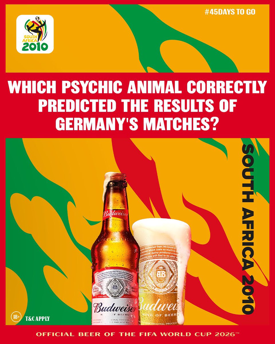Which famous psychic animal became a global sensation by correctly predicting Germany’s match results?

Drop your answer in the comments and use the hashtags: #Budstalgia #BudweiserXFWC26 for a chance to win exciting prizes.🏆✨

T&amp;Cs apply.

NB: You Must Be Following Across