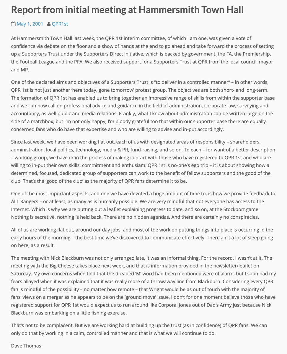 QPR1st's tweet image. 25 Years ago this week: With @QPR in Administration and up for sale; some 1,000 #QPR supporters attended a meeting at Hammersmith Town Hall regarding the establishment of QPR1st Supporters Trust. The @QPR1st report at the time (written by @AKUTRs). qpr1st.com/news/report-fr…