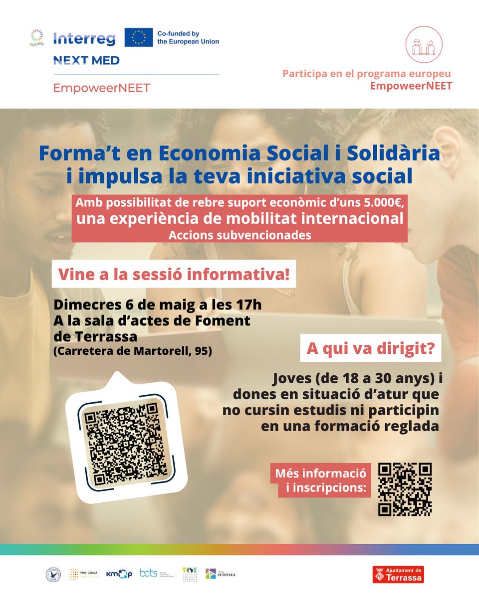 Trsempresa's tweet image. 🧩Vols impulsar un projecte social? El projecte #EmpoweerNeet ofereix formació, suport econòmic, experiències internacionals, i molt més! Per a joves de 18-30 anys i dones en atur. Vine a la sessió informativa 📅 6 de maig - 🕞 17h 
Inscriu-t'hi! 🔗bit.ly/4uafjaT