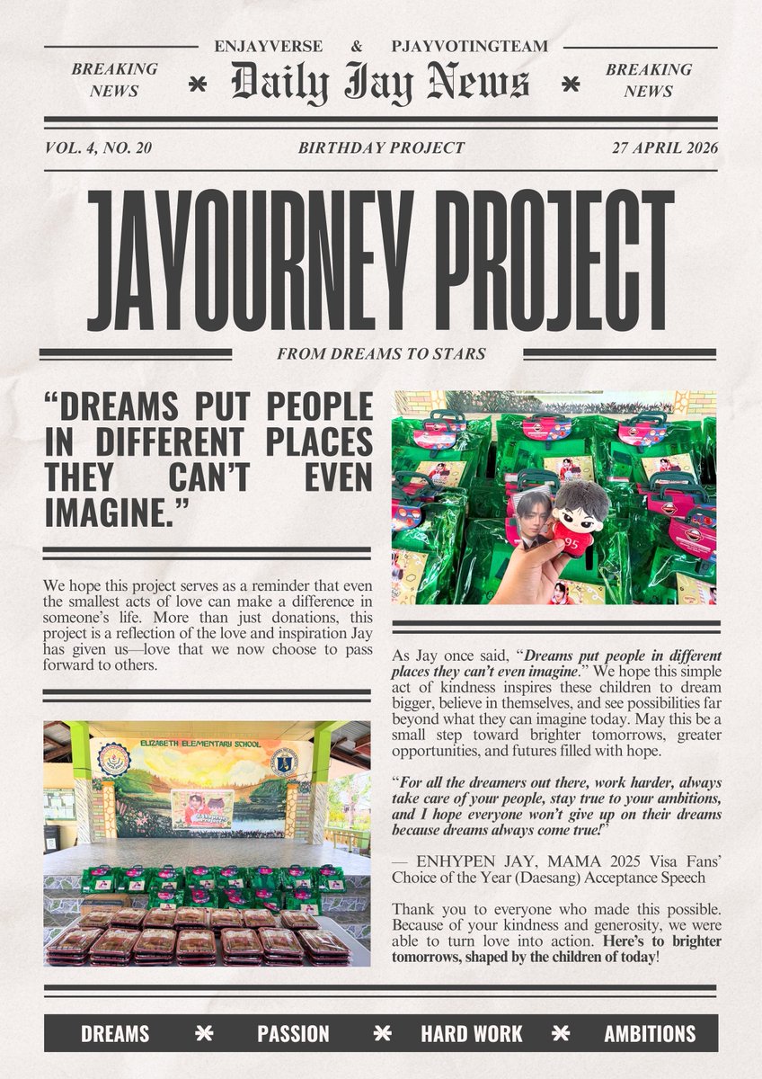 ENJAYVERSE's tweet photo. [🍀] #JAYPRIL2026 • 260427

𝐉𝐀𝐘𝐨𝐮𝐫𝐧𝐞𝐲 𝐏𝐫𝐨𝐣𝐞𝐜𝐭 : 𝐅𝐫𝐨𝐦 𝐃𝐫𝐞𝐚𝐦𝐬 𝐭𝐨 𝐒𝐭𝐚𝐫𝐬

JAY once said, “I believe kids are the future,” and those words have stayed with us ever since.

Through the kindness and generosity of our amazing PH ENGENE / BLUEJAY sponsors, we were able to provide school supplies and hold a feeding program for elementary students in our chosen public school.

We hope this simple act of kindness inspires these children to dream bigger, believe in themselves, and see possibilities far beyond what they can imagine today. Here’s to brighter tomorrows, shaped by the children of today. 💙

#JAY #ジェイ #제이 #ENHYPEN_JAY
#엔하이픈_제이 #ENHYPEN #엔하이픈
@ENHYPEN @ENHYPEN_members