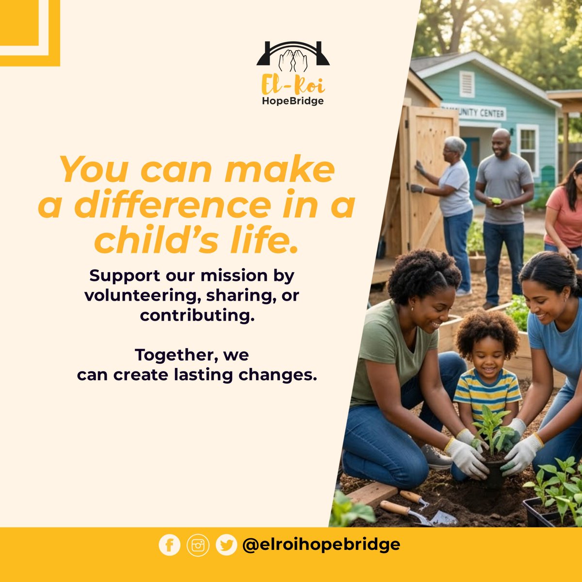 ElRoiHopeBridge's tweet photo. You can make a difference in a child’s life. 💙

Whether you volunteer, share our message, or support our work — it all counts.

Join us in creating lasting change.👇
#ElRoiHopeBridge #MakeADifference #ChildProtection https://t.co/WgRFwHKijY