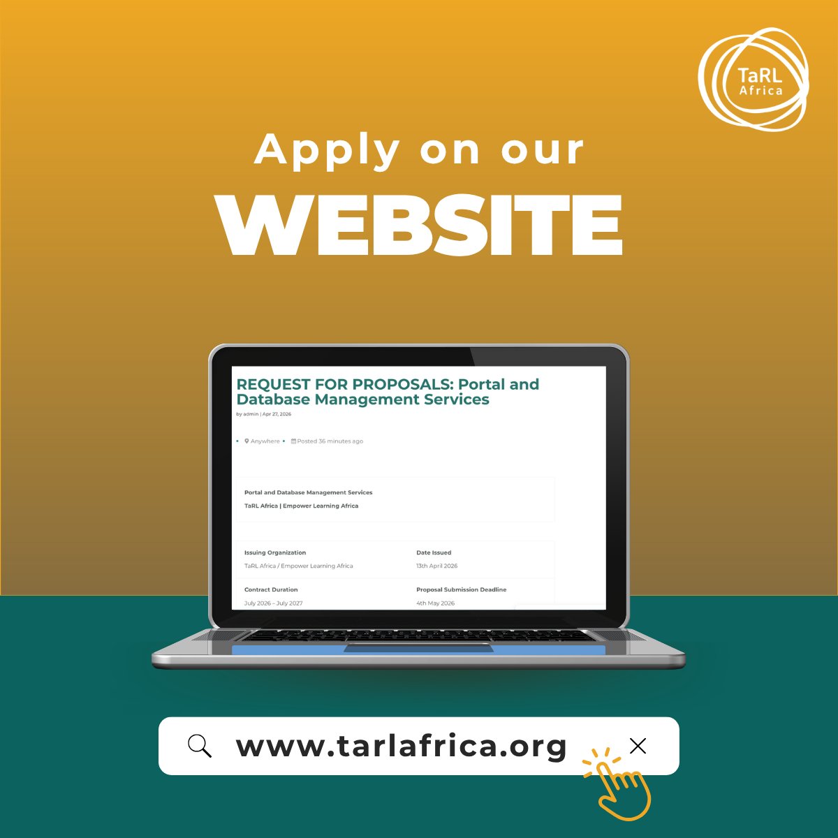 TaRL_Africa's tweet photo. We Are Hiring!

TaRL Africa seeks a service provider to manage &amp; enhance its cloud-based data portal supporting multi-country education programs in Sub-Saharan Africa.

📍 Remote
🗓️ 4 May 2026
🔗 https://t.co/rZGgyQ8XQR

#NowHiring #EdTech #DataSystems https://t.co/y0EwAtNeMJ