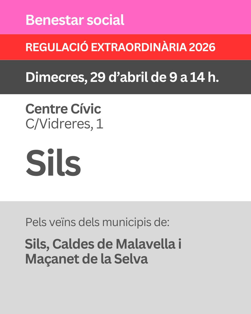 comarcaselva's tweet image. ⚠️ Recorda: 📅 El 30 d'abril l'atenció serà centralitzada a Santa Coloma de Farners per a tothom. 🏘️ Arbúcies, Sant Hilari i Vidreres gestionen calendaris propis.
Més info al Consell Comarcal! 🤝 #Regularitzacio2026 #LaSelva